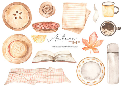 Watercolor set autumn time with plaid, napkin, thermos, mug, hat, book, pie, bun