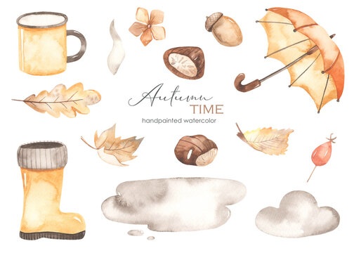 Watercolor set autumn time with rubber boots, umbrella, puddle, autumn leaves, chestnuts, cloud