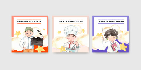 Banner template with World Youth Skills Day concept,watercolor style