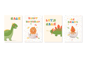 Happy Birthday cards collection with quote. Cute cartoon dinosaurs on postcard. Flat childish dino with lettering for happy birthday party. Perfect for greeting card, sublimation printing on t shirt