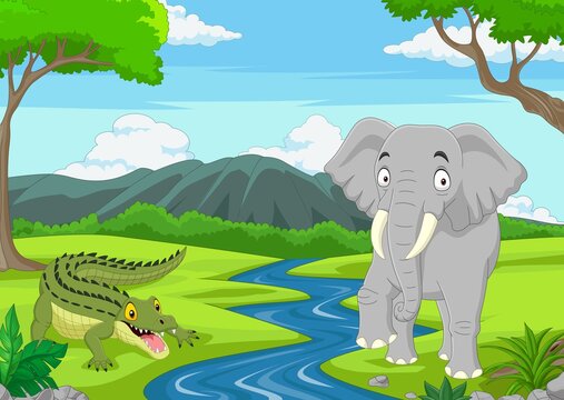 Cartoon alligator with elephant in the jungle
