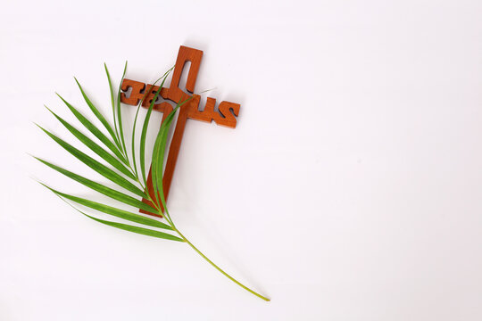 Cross and palm on white background with copyspace. Palm Sunday concept