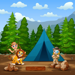 Boy explorer with a lion at campsite illustration