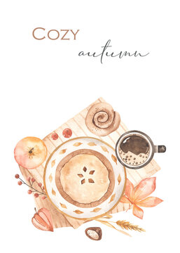 Watercolor card cozy autumn with cake, coffee, bun, apples, chestnut, autumn leaves, berries