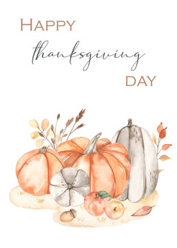 Watercolor happy thanksgiving day card with pumpkins, apples, acorn, autumn leaves