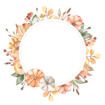 Watercolor round frame with pumpkins orange and white, autumn leaves, berries, branches, flowers