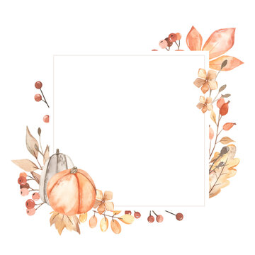 Watercolor square frame with pumpkins orange and white, autumn leaves, berries, branches