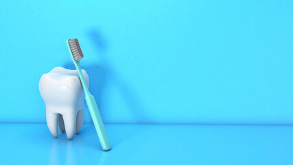 Fototapeta na wymiar Tooth and dental instrument. Toothbrush with teeth on a blue background. Copy space for text. 3d render.