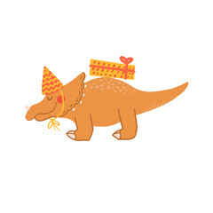 Cute cartoon dinosaur with birthdays hat and presents. childish festive dinos flat illustration. Happy Birthday concept. Vector animal character. Perfect for greeting card, sublimation printing 