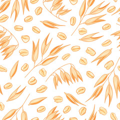Oat flakes and grains seamless pattern on white background. Healthy eating. Cartoon style. Vector illustration
