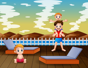 A tropical landscape with the boys playing on the pier