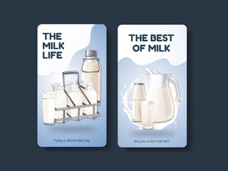 Instagram template with world milk day concept,watercolor style