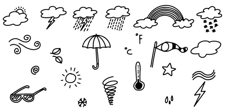 Collection of hand drawn doodle weather icons isolated on white background