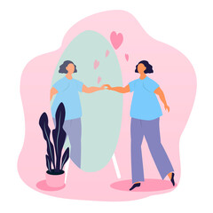 vector illustration on the topic of body positive, self-acceptance. the girl looks at her reflection in the mirror and she likes it. trend illustration in flat style 