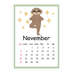 Calendar for 2022 cute Sloth characters, color vector illustration in cartoon style