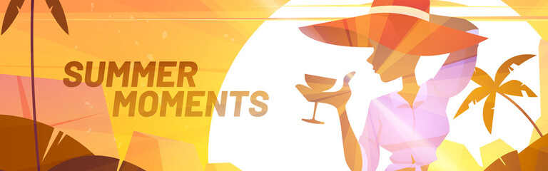 Summer moments poster with silhouette of woman in hat with cocktail on background of sunset. Vector banner of beach party with cartoon illustration of girl with drink, sun and palm trees