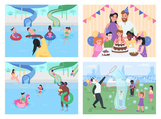 Party and entertainment for children flat color vector illustration set. Water park. Family having fun 2D cartoon characters with outdoor playzones and home interior on background collection