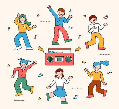  Children Are Dancing With The Radio In The Center. Outline Simple Vector Illustration.