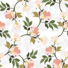 Vintage flowers. Seamless pattern. A branch of a blossoming tree. Flat vector isolated illustration. Pastel colors.