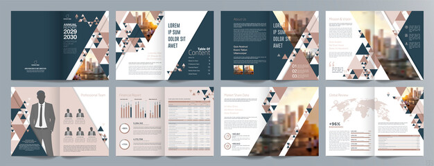 Corporate business presentation guide brochure template, Annual report, 16 page minimalist flat geometric business brochure design template, A4 size.