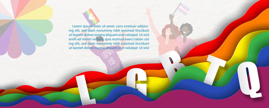 6 Colors bar of Pride flag (symbols of LGBT rights) with abbreviation of people in event in paper cut style and example texts on happy people in cartoon character and white paper pattern background.