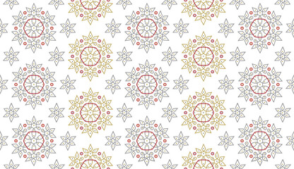 Flowers, dots and Curves in gold, red and silver on white background - Indian Cultural Rangoli, Kolam or Paisley vector line art in seamless pattern, for wear fabric, apparel textile, garment, phone c