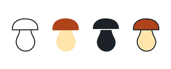 Porcini cep icon. Linear flat color icons contour shape outline. Thin line. Black vector silhouette. Fill solid icon. Modern glyph design. Illustrations of mushrooms. Vector set