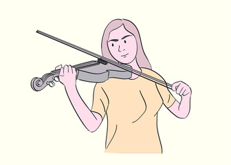 A young girl happily playing the violin instrument. Hand drawn line style, vector illustrations