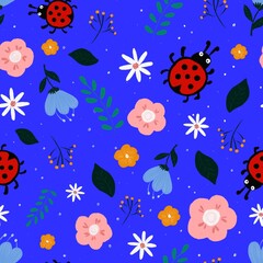 Fototapeta na wymiar A seamless pattern with a nature theme. Colorful flowers, ladybugs and berries . Designs for paper, fabric, clothing and other objects.