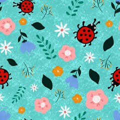  A seamless pattern with a nature theme. Colorful flowers, ladybugs and berries . Designs for paper, fabric, clothing and other objects.
