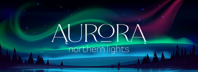 Aurora borealis poster, northern lights in arctic night sky with stars. Vector banner with cartoon winter landscape with lake, silhouettes of trees and green, blue and pink polar lights - obrazy, fototapety, plakaty