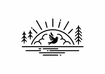 Flying bird and sun line art