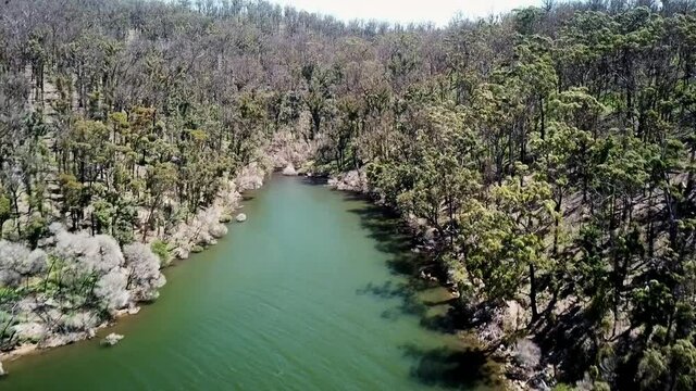 Rising drone footage of forest along the Mallacoota Inlet, in eastern Victoria, Australia, December 2020, a year after wildfires affected the region.