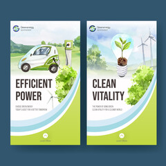 Instagram template with green energy concept,watercolor style
