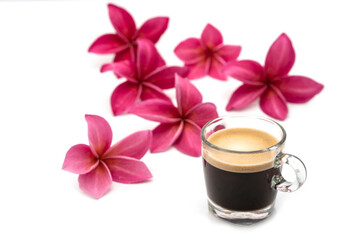 Cup coffee and Isolated red plumeria and frangipani on white wall background. 