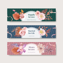 Fototapeta na wymiar Banner template with happiness wedding concept,watercolor style