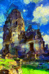 Ancient thai architecture landscape Illustrations creates an impressionist style of painting.
