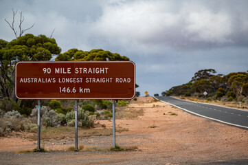 90 Mile Straight on Eyre Highway between Balladonia and Caiguna on Nullarbor Plain of Western Australia. The longest straight stretch of road in Australia and one of the longest in the world.