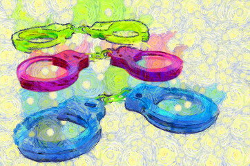 colorful toy handcuffs Illustrations creates an impressionist style of painting.
