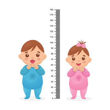 Kids meter wall with a cute cartoon boy, girl and measuring ruler. Vector illustration of an boy and girl isolated.