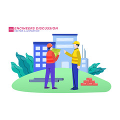 Building under construction flat illustration. Foreman and architects discussing architectural project, builders on construction site cartoon characters. Engineers showing blueprint