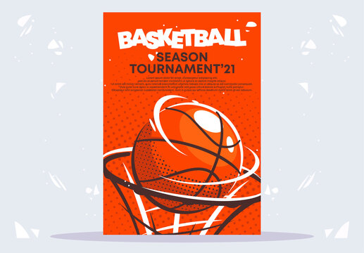 vector illustration of a poster template for a basketball tournament, a basketball ball flies into the ring