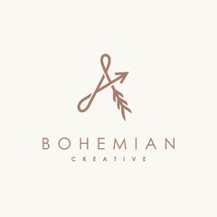 Feather and archer logo with letter A concept, bohemian logo design