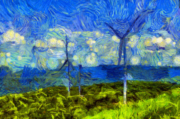 The landscape of electricity generating turbines on the mountains Illustrations creates an impressionist style of painting.