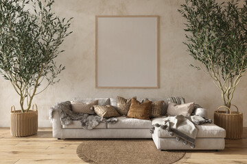 Scandinavian farmhouse style beige living room interior with natural wooden furniture. Mock up frame on wall background. 3d render illustration.