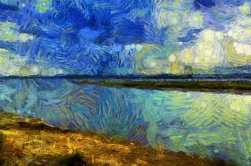 Fototapeta na wymiar Landscape of the river Illustrations creates an impressionist style of painting.
