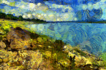 Landscape of the river  Illustrations creates an impressionist style of painting.