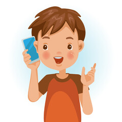 Small boy using mobile phone to talk to positive emotions. boy talking on phone. Vector cartoon character 