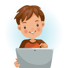Boy using tablet. Looking , touching the screen with a pleasant surprise. Sitting on a chair in home. Happy child using online Internet with tablet. Enjoy with learning technology.