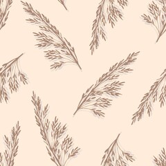 Hand drawn gentle calm simple floral vector seamless pattern in pastel colors. Gray inflorescences of panicles of pampas grass on a light pink background. For printed fabrics, textiles, boho decor.
